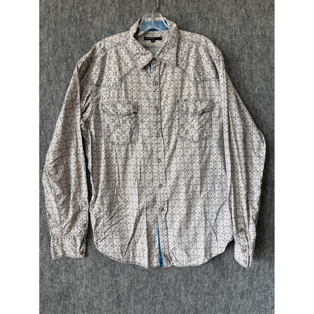 Tin Haul Mens Large Western Pearl Snap Shirt Gray Geometric Long Sleeve Cotton